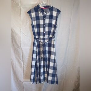 Joules Sleeveless Blue and White Gingham Shirt Dress with Tie Waist